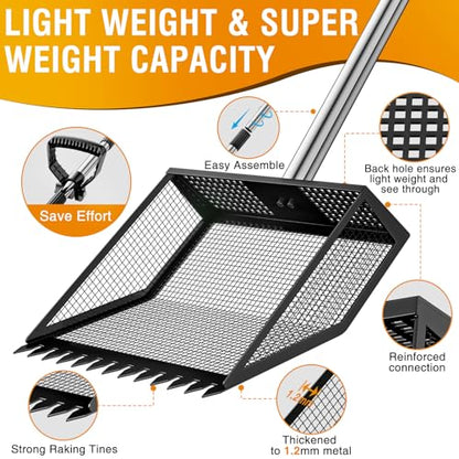 TOOGE Large Chicken Poop Scooper: 2-in-1 Metal Pooper Scooper & Rake Adjustable 62" Long Handle Stainless Steel Sand Sifting Litter Shovel Chicken Coop Scoop Cleaning for Bedding Goats Farm Yard Black - color: Black