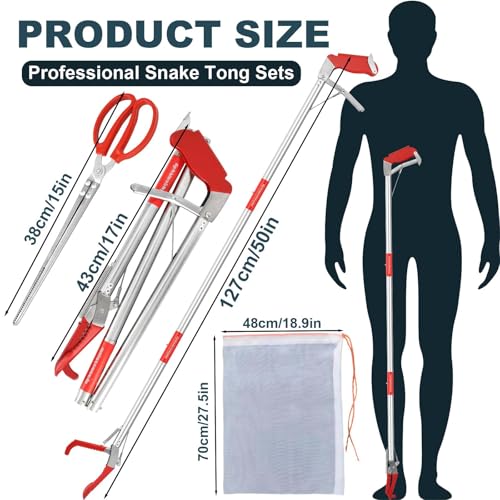 50in Multi-Functional Snake Grabber Tool Set，Collapsible Snake Catcher with Wide Jaw, Stainless Steel Snake Tongs with Non-Slip Grip Handle