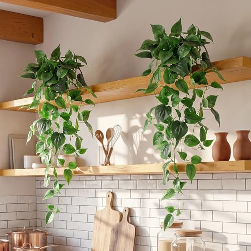 Fake Hanging Plants with Pots - Realistic Artificial Plant for Indoor Outdoor, 33In Silk Fake Potted Plants, 2PC Faux Ivy Vine for Shelf Tabletop Office Decor, Dark Green - color: Dark Green