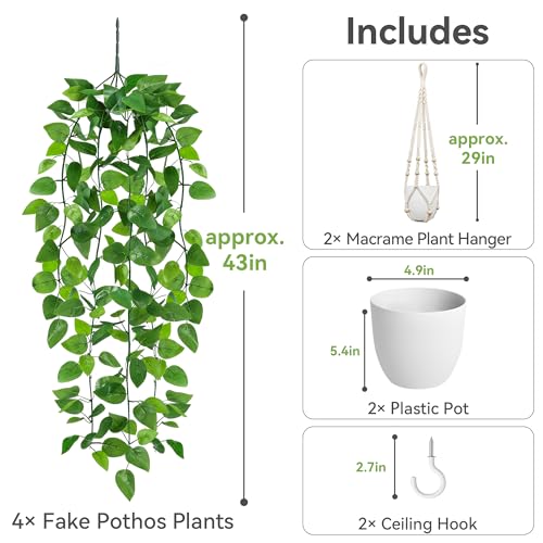 USLAI Fake Hanging Plant, Artificial Pothos Vines Greenery with Pot and Macrame Plant Hanger for Indoor Outdoor Boho Decor - size: 2 Pack