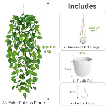 USLAI Fake Hanging Plant, Artificial Pothos Vines Greenery with Pot and Macrame Plant Hanger for Indoor Outdoor Boho Decor - size: 2 Pack