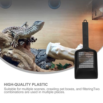 HOMSFOU Reptile Sand Shovel and Litter Cleaner Set, Plastic Mesh Sifter Scoops for Terrarium Substrate, 2pcs Black and Gray Reptile Box Excrement Cleaning Tools for Desert Lizards