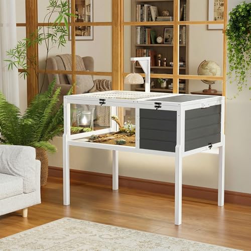 Wooden Tortoise House, Tortoise Habitat Enclosure Indoor & Outdoor with Lamp Holder, Detachable Legs, Turtle Cage Reptile Terrarium for Small Animals Lizards Geckos (Grey)