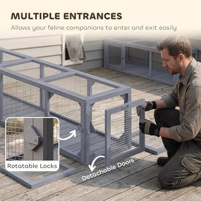 PawHut Outdoor Cat Tunnel with Extendable Design, 79" L Wooden Cat Run with Weather Protection, Connecting Inside and Outside, for Deck Patios, Balconies, Dark Gray