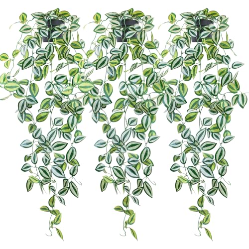 LOYWREE 3 Pack Fake Hanging Plants - Small Potted Plants with Green Eyebrow-Leaf Trailing Vines, Indoor Outdoor Aesthetic Decor for Office, Living Room Shelf & Home Accent (Black Pot) - color: Eyebrow, size: 3Pack