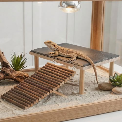 Bearded Dragon Basking Platform with Climbing Ramp,Leopard Gecko Basking Platform with Stone,Reptile Basking Rock Hide Cave Climing Accessories for Turtle,Snake,Lizard