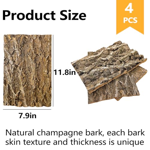 BNOSDM 4PCS Cork Bark Background,11.8" x 7.9" Natural Reptile Terrarium Backdrop, Lizard Climbing Wall Decor for Bearded Dragon Leopard Gecko Snake Chameleon