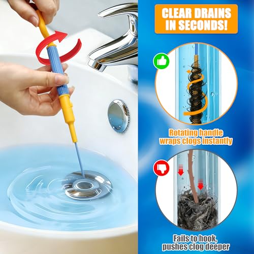 EastLink 30-Inch Reusable Drain Snake Hair Drain Clog Remover 6 Pack, Anti-Break Steel Sink Snake Drain Hair Removal Tool with Rotating Handle, Drain Cleaner Tool for Bathroom Sink, Shower, Bathtub