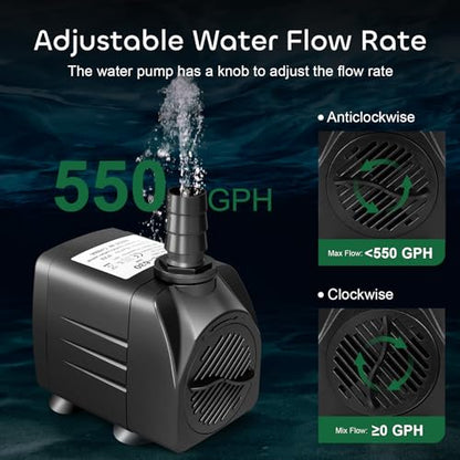 GROWNEER 550GPH Submersible Pump 30W Fountain Water Pump, 2000L/H, with 7.2ft High Lift, 3 Nozzles for Aquarium, Fish Tank, Pond, Hydroponics, Statuary, Pool - size: 550 GPH