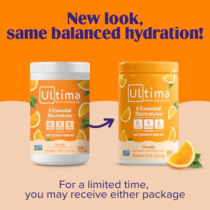 Ultima Replenisher Daily Electrolyte Powder Drink Mix, 90-Serving Canister | Zero Sugar Orange Hydration Powder with 6 Electrolytes & Minerals - Sugar Free, Plant-Based & Keto Friendly