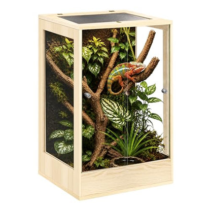 PROLEE 18" x 18" x 32" Tall Reptile Terrarium, 45 Gallon Glass Chameleon Cage, Vertical Crested Gecko Tank with Ventilated Mesh Top, Front Opening Rainforest Habitat, Oak - color: Oak, size: 18" L x 18" W x 32" H, 45 Gallon