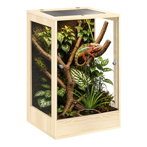 PROLEE 18" x 18" x 32" Tall Reptile Terrarium, 45 Gallon Glass Chameleon Cage, Vertical Crested Gecko Tank with Ventilated Mesh Top, Front Opening Rainforest Habitat, Oak - color: Oak, size: 18" L x 18" W x 32" H, 45 Gallon