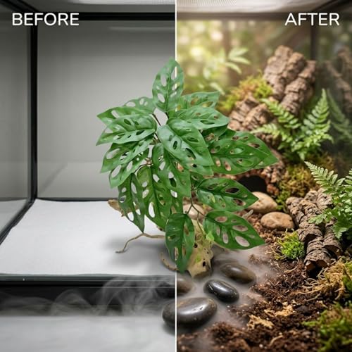 Artificial Green Foliage Plant, 6.7 x 9.1 in Fake Tropical Leaves with Realistic Wood Trunk, 23 Textured, Stable Base, for Reptile Terrariums & Home Decor