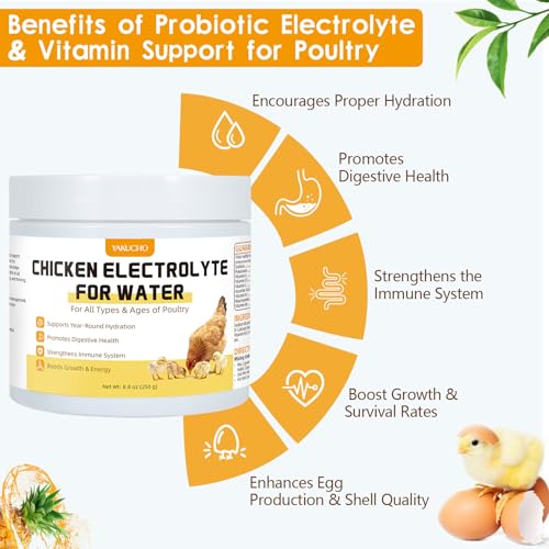 Yakucho Chicken Electrolytes for Water, Poultry Vitamins with Probiotics, Hydration, Immunity & Digestive Support, for Chicks, Adult Birds, Chickens, Ducks & Turkeys, 8.8oz Chicken Supplement Powder