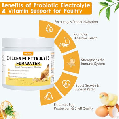 Yakucho Chicken Electrolytes for Water, Poultry Vitamins with Probiotics, Hydration, Immunity & Digestive Support, for Chicks, Adult Birds, Chickens, Ducks & Turkeys, 8.8oz Chicken Supplement Powder