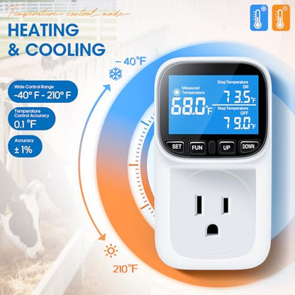 Plug in Thermostat Temperature Controlled, Heavy Duty 15A/1800W Thermostat Outlet Plug with LCD Display,-40°F~210°F Range & 0.1°F Accuracy for Aquarium Greenhouse Incubator