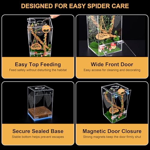 Jumping Spider Enclosure Kit, Pre-Assembled Acrylic Spider Terrarium with Magnetic Door, 19PCS Accessories, Starter Habitat for Jumping Spiders 4.8 x 4.8 x 9.25 Inches
