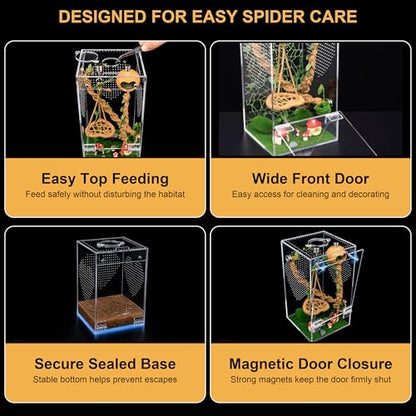 Jumping Spider Enclosure Kit, Pre-Assembled Acrylic Spider Terrarium with Magnetic Door, 19PCS Accessories, Starter Habitat for Jumping Spiders 4.8 x 4.8 x 9.25 Inches