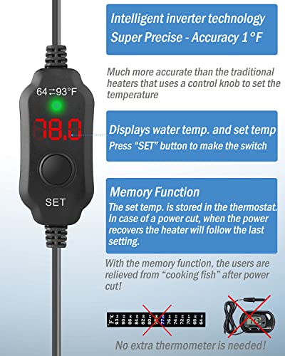 AquaMiracle Mini Aquarium Heater 20W Small Fish Tank Heater for 2-4 Gal Tanks, Digital Display Thermostat Betta Heater with Dry-Run & Overheat Protection, Memory Function - size: ≤ 4 Gal Tanks
