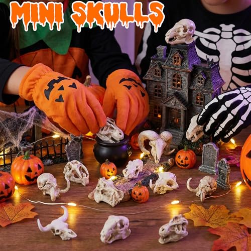 Exasinine 16 Pcs Mini Resin Animal Skull Heads Figurines 1.5 Inch Mini Skulls Figurines Highly Detailed Miniature Animal Skull for Halloween Crafts Gothic Decor Terrarium Micro Landscape Decor