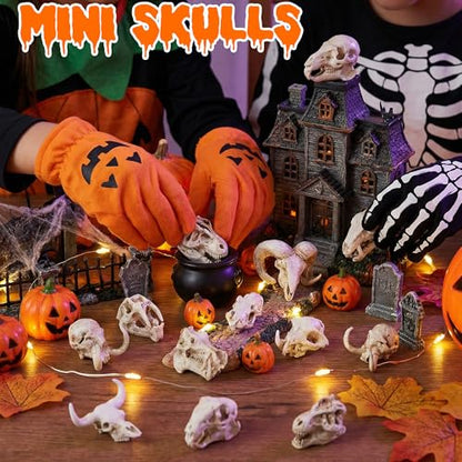 Exasinine 16 Pcs Mini Resin Animal Skull Heads Figurines 1.5 Inch Mini Skulls Figurines Highly Detailed Miniature Animal Skull for Halloween Crafts Gothic Decor Terrarium Micro Landscape Decor