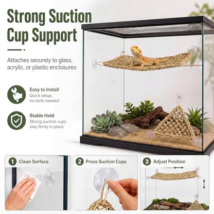 Dansydaisy 4 Pcs Bearded Dragon Reptile Hammock Small Set, Woven Lounger with Strong Suction Cups, Includes 2 Rectangle (19.7" x 7.9") and 2 Triangle (7.9" x 11.0") Climbing Beds for Geckos Iguanas - size: 19.7" X 7.9"，7.9" X 11.0"