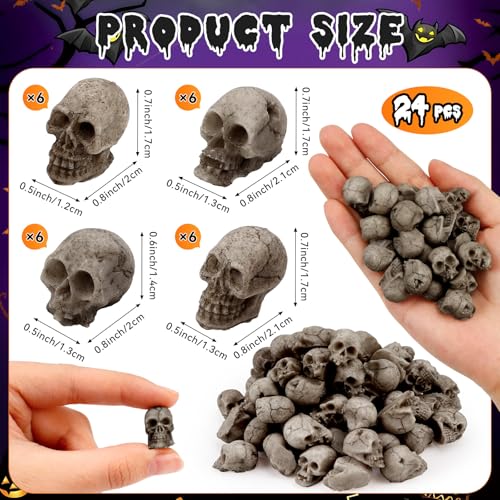 24 PCS Mini Skull Heads, Miniature Skeleton Heads Figurines, Tiny Resin Skulls for Crafts Halloween Party Micro Landscape Cake Topper Plants Outdoor Decoration