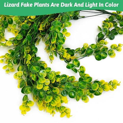 Hamiledyi 6 PCS Reptile Plants Hanging Terrarium Plants Artificial Leaves Habitat Decorations with Suction Cup Green and Yellow Fake Amphibian Plants for Bearded Dragon Lizard Geckos Chameleon - size: 6 PCS