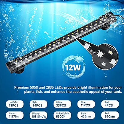 hygger 24/7 Mode Submersible Aquarium LED Light, Full Spectrum Hidden Fish Tank Light with 3 Rows Beads 7 Colors Auto On Off Sunrise-Daylight-Moonlight, Adjustable Timer Brightness - size: 19.9in 12W