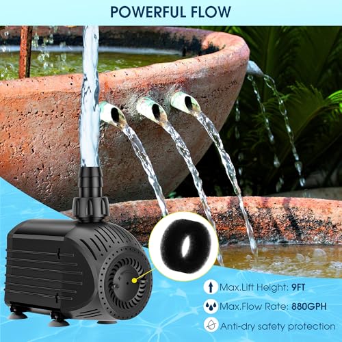 NFESOLAR Submersible Water Pump 880GPH, 60W Ultra Quiet Fountain Pump with Dry Burning Protection 9ft High Lift for Fish Pond, Fountains, Waterfall, Hydroponics, Aquariums KF206 - size: 880GPH