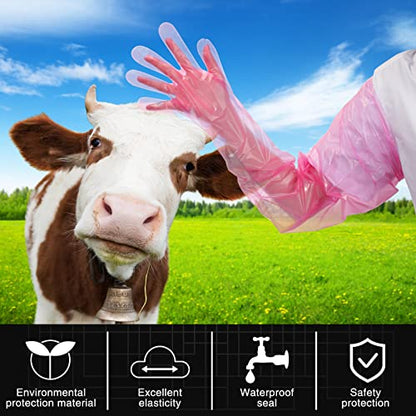 Patelai 50 Pcs Disposable Dressing Gutting Gloves 1.6 Mil Shoulder Length Hunting Field Dressing Glove for Deer Cleaning Gutt - color: Pink