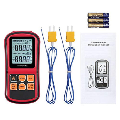 Kamtop Dual Channel Digital Thermocouple Thermometer, K-Type Temperature Meter with 2 Thermocouple Probes, T1/T2 & T1-T2 Measurement, Backlit LCD, MAX/MIN/AVG/Hold, Supports K/J/T/E/R/S/N