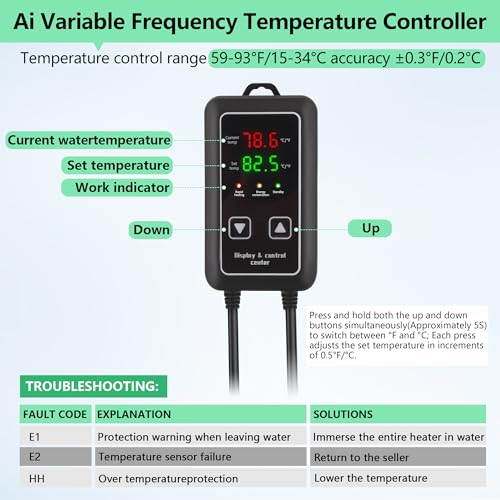 Aquarium Heater, 300W/1000W Fish Tank Heater, Submersible Turtle Heater with Intelligent Variable Frequency Heating & Dual Temperature Sensor Design, with Automatic Power-Off Function - size: 1000W for 100-220 Gallon