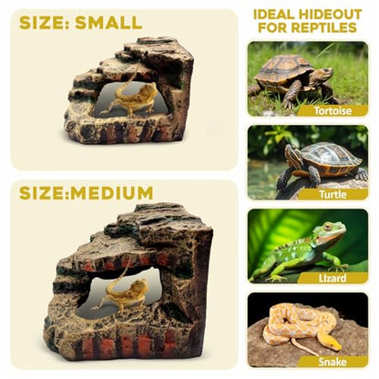 GOZILLA Reptile Accessories for Tank, Basking Platform Hideout, Bearded Dragon Hide and Cave Decor for Turtle,Snake and Lizard.(Brown Cave-L)