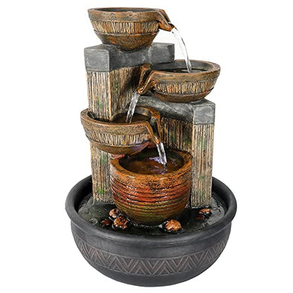 15.7''H 4-Tier Relaxation Indoor Tabletop Waterfall Fountain with LED Lights Desktop Fountains Calming Sound for Home Office Bedroom Decor (Brown, 15.7inch)