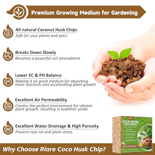 Riare 10LBS Coco Chips Substrate for Plants- 100% Organic Coconut Husk Chips with Low EC and pH Balanced, High Expansion Coconut Substrate Coco Husk Mulch for Garden Flowers, Herbs, Planting