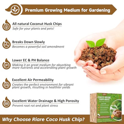 Riare 10LBS Coco Chips Substrate for Plants- 100% Organic Coconut Husk Chips with Low EC and pH Balanced, High Expansion Coconut Substrate Coco Husk Mulch for Garden Flowers, Herbs, Planting