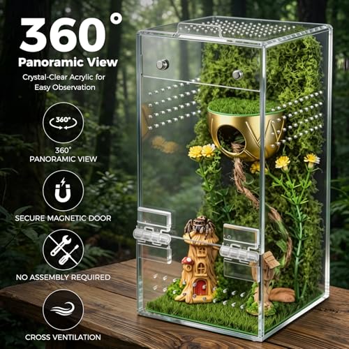 Jumping Spider Enclosure, Escape-Proof Transparent Acrylic Habitat with Magnetic Door, All-Side Ventilation Arboreal Tarantula Crib, Clear Reptile Tank for Praying Mantis & Insects, 3.5x3.5x7 in
