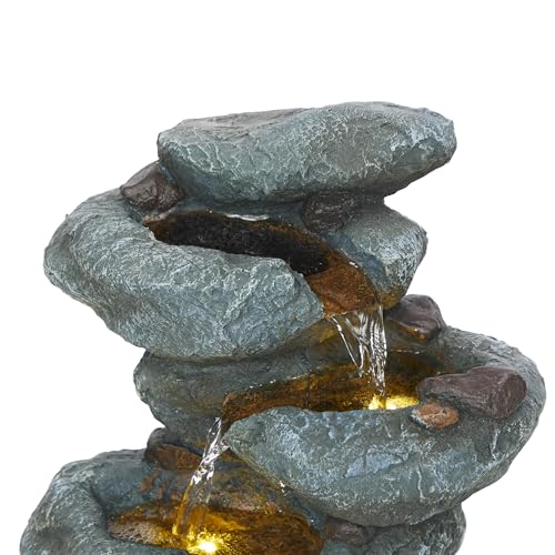 Alpine Corporation TZL418 14" 3 Tier Rock Fountain with LED Lights, Elegant Cascading Water Feature for Tabletop, Indoor Decor, Relaxing Stone Waterfall for Home & Office, Gray - style: Elegant Rock w/ LED Lights