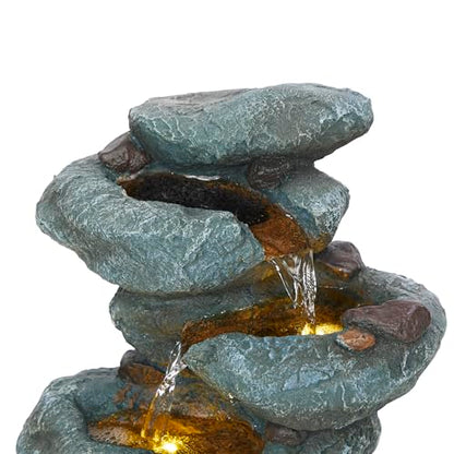 Alpine Corporation TZL418 14" 3 Tier Rock Fountain with LED Lights, Elegant Cascading Water Feature for Tabletop, Indoor Decor, Relaxing Stone Waterfall for Home & Office, Gray - style: Elegant Rock w/ LED Lights