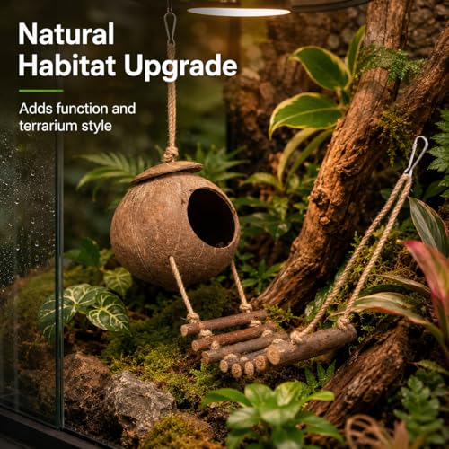 IMIKEYA Reptile Hide Coconut Cave, Natural Hanging Shell Hut with Rope Ladder for Crested and Leopard Gecko, Lizard Tank Hideout Decor for Small Reptiles and Hermit Crabs