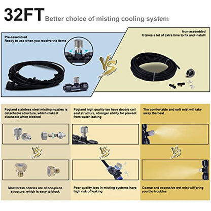 Fogland Misting System: Outdoor Cooling System 32.8FT Misting Cooling System with 10pcs 0.016" Orifice Thread Stainless Steel Mister Nozzle for Patio - size: 0.016"Orifice/32.8FT