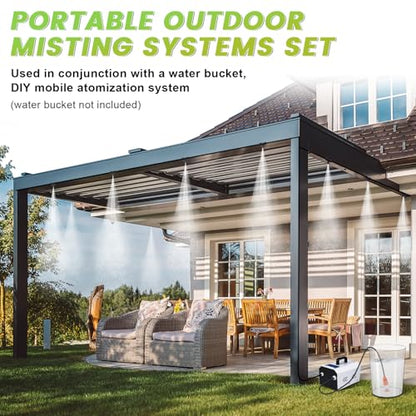 Outdoor Misting Cooling System High Pressure Misters for Outside Patio with Pump Kit, 65.6FT Misting Line with Brass Mist Nozzles Self Priming Sprayer Misters for Chicken Coop Garden Greenhouse