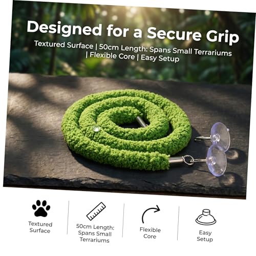 INOOMP Reptile Jungle Vine Climbing Rope for Leopard Gecko and Lizard, Realistic Plush Green Moss Rope with Enhanced Grip Surface and Suction Cup Hook, for Lizard Tank and Pet Habitat