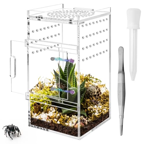 Jumping Spider Enclosure, 3x3x6 Inch Acrylic Terrarium with Magnet Opening Door & Tweezers, Suitable for Tarantula & Praying Mantis