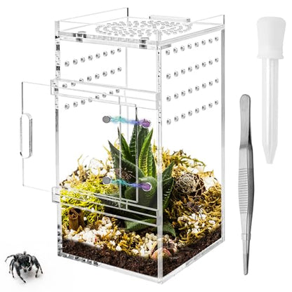 Jumping Spider Enclosure, 3x3x6 Inch Acrylic Terrarium with Magnet Opening Door & Tweezers, Suitable for Tarantula & Praying Mantis