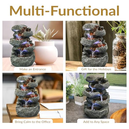 Sunnydaze Tabletop Water Fountain - Stacked Rocks 10.5 Inch Relaxing Desktop Water Fountain with LED Lights - Office, Bedroom, Living Room