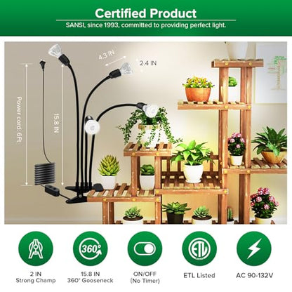 SANSI LED Grow Lights for Indoor Plants, 600W Full Spectrum Gooseneck Clamp Grow Lamp, 40W Power Plant Light with High PPFD for Seeding, Lifetime Free Bulb Replacement Plant Lights for Indoor, 4 Head - size: 4 Head 1 Pack