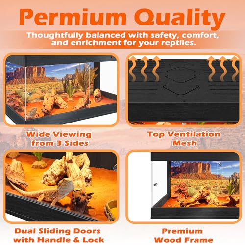 ROYXEN Reptile Tank, 64 Gallons Reptile Enclosure with Lockable Design, Tempered Glass Bearded Dragon Tank for Lizard Habitat, Soild Wood Built-in Sockets (Black, 40"x20"x19.5") - color: Black, size: 40"x20"x19.5"