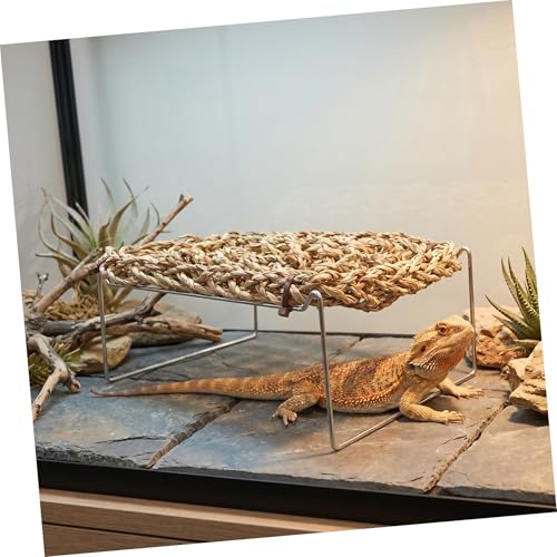 SHOWERORO Bearded Dragon Bed and Basking Platform with Sea Grass Hammock, Rectangle Reptile Sleeping Lounger, Lizard Tank Accessories for Small Animals and Amphibians